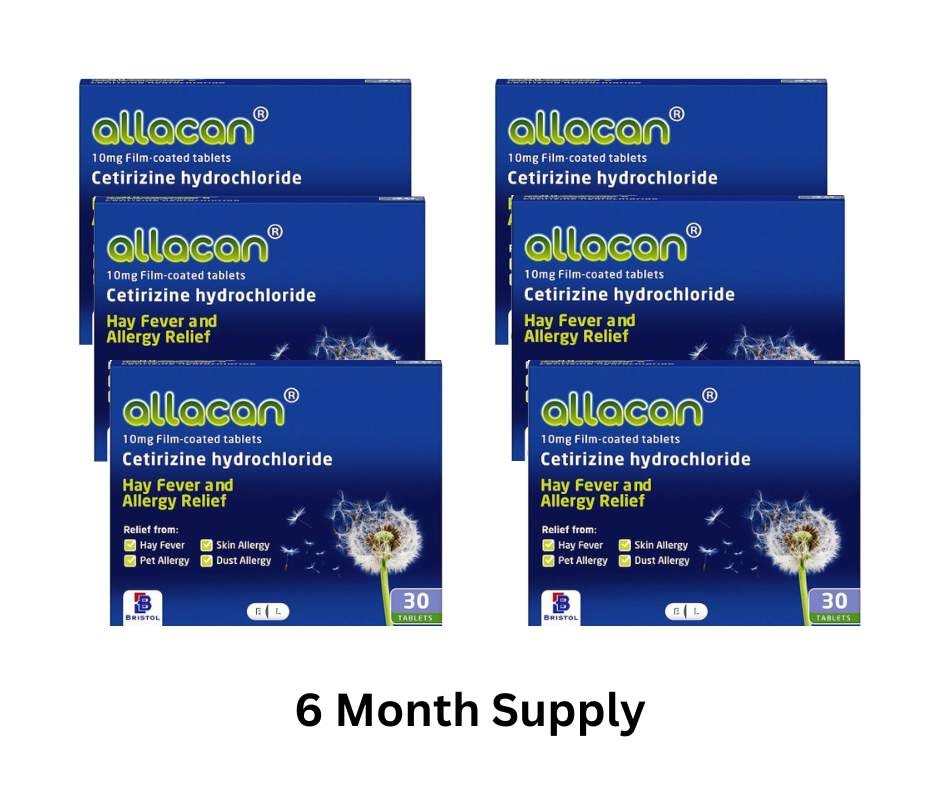 Allacan Cetirizine Hayfever & Allergy Tablets (6 Month Supply) 6 x 30 Tablets