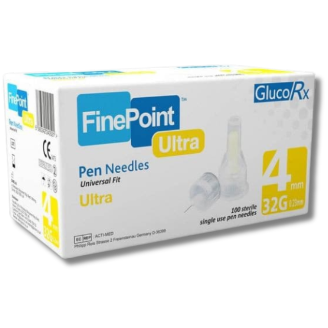 GlucoRx FinePoint ultra 4mm / 32G Pen Needles - Pack of 100 Needles for Precision