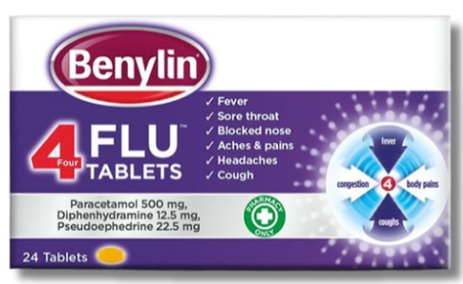 Benylin 4 Flu - 24 Tablets - For Fever, Sore Throat, Blocked Nose, Aches & Pains, Nasal Congestion, Headache, Cough, Colds & Flu